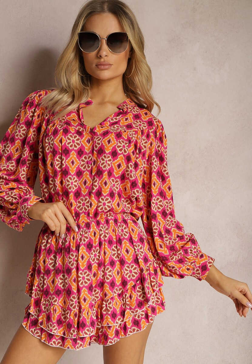 Niebiesko-Granatowa Wiskozowa Koszula z Bufiastymi Rękawami w Mozaikowy Print Telita