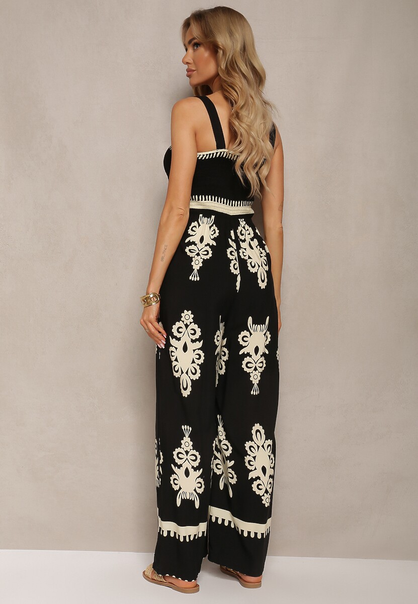 Czarno-Beżowy Wiskozowy Kombinezon z Marszczonym Dekoltem na Ramiączkach z Długimi Nogawkami Amperia