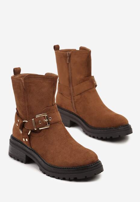 Brązowe Botki w Motocyklowym Stylu z Ekozamszu z Ozdobną Klamrą przy Cholewce Ninnaria