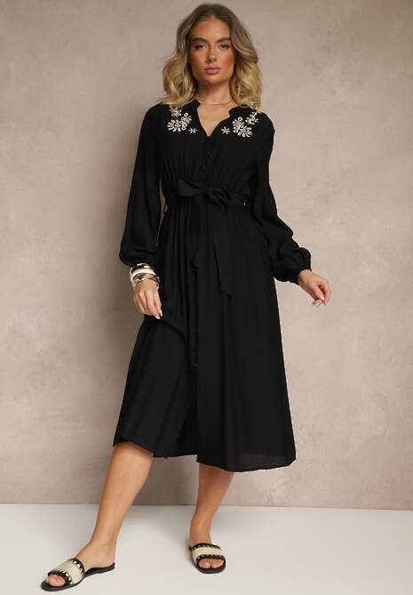 Czarna Rozkloszowana Sukienka z Wiskozą Zdobiona Haftem i Wiązanym Paskiem Elvania