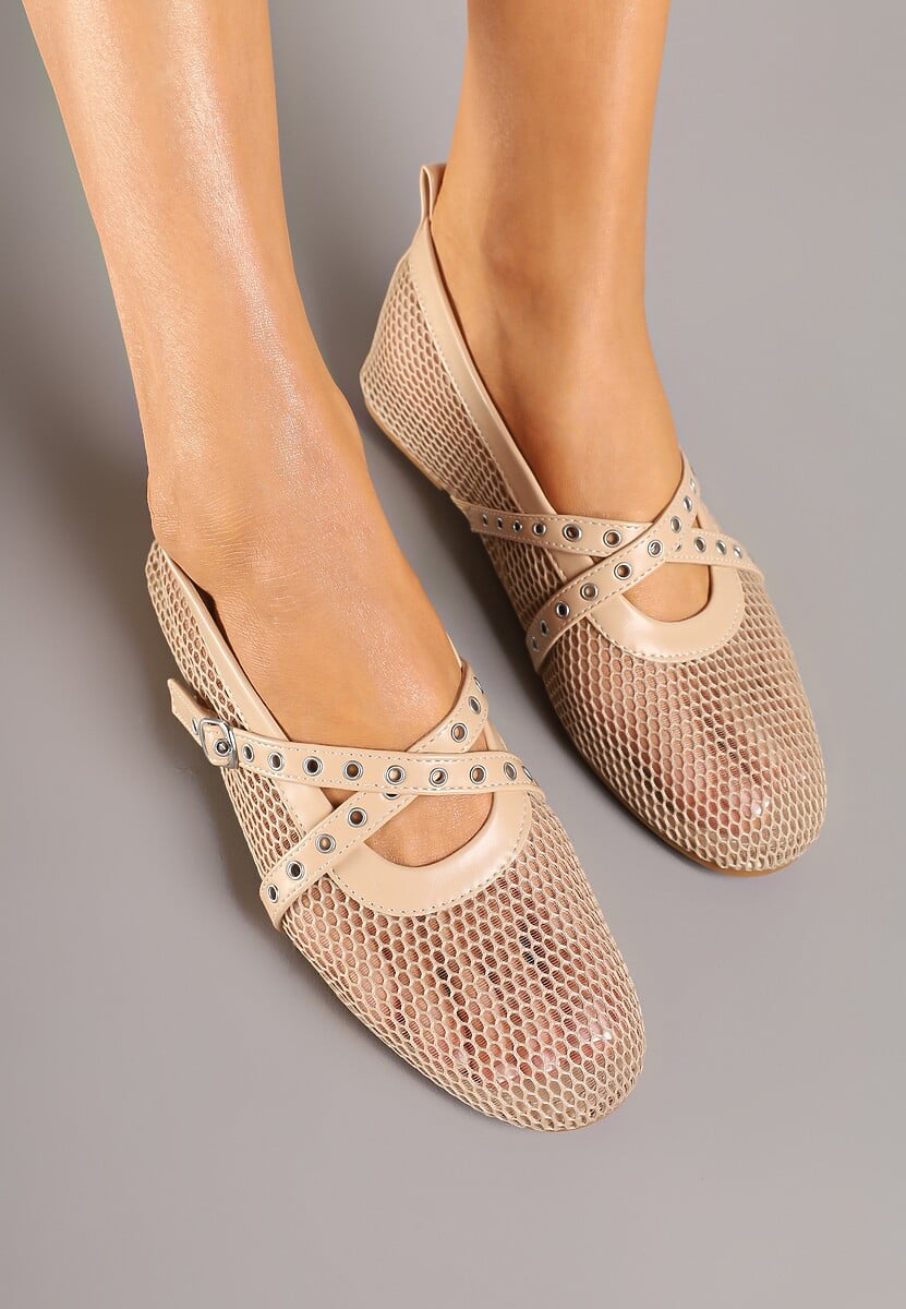 Beżowe Balerinki z Siateczki z Ozdobnymi Paskami z Klamerką Aceriora