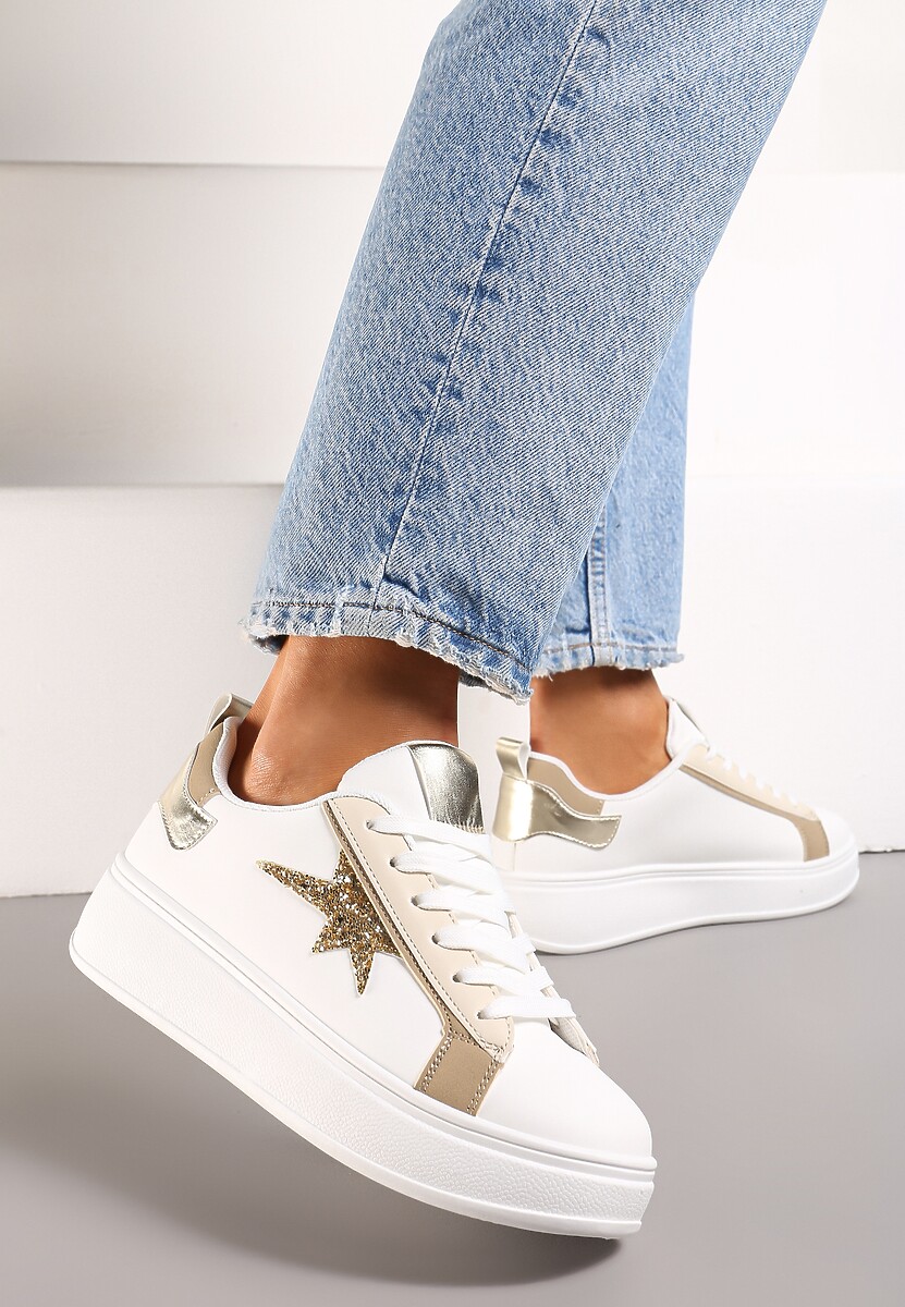 Biało-Beżowe Sneakersy na Platformie Ozdobione Gwiazdką z Brokatem Nislemia