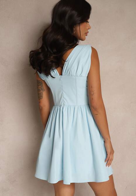 Niebieska Rozkloszowana Sukienka Vices Bez Rękawów Zdobiona Kokardką Folawenna