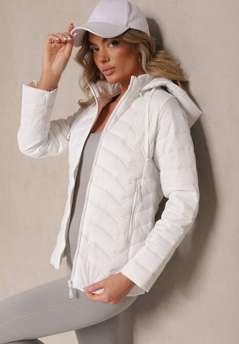 Biała Kurtka z Pikowanymi Przeszyciami i Odpinanym Kapturem Natisne