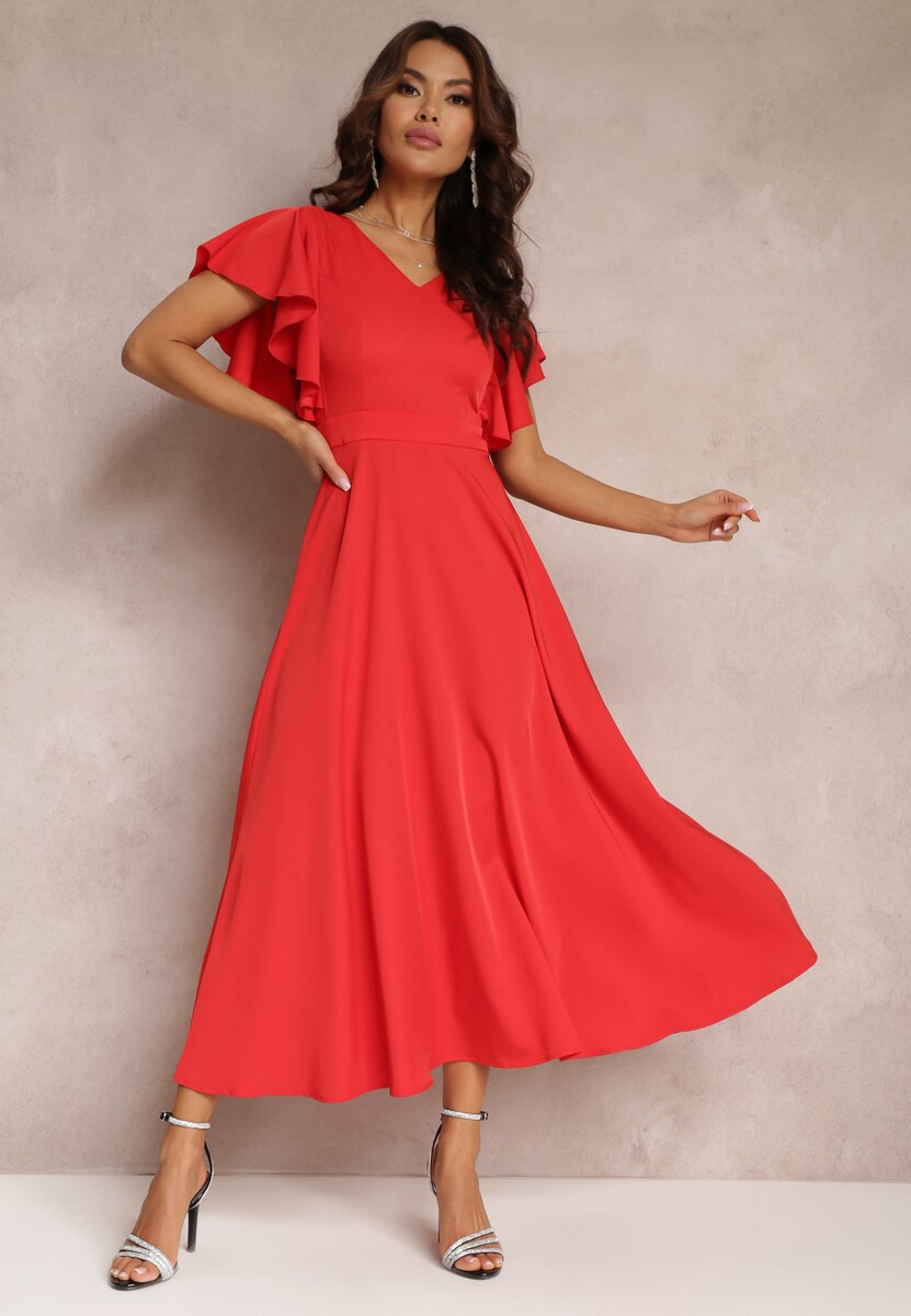 Czerwona Sukienka o Rozkloszowanym Kroju z Falbanami Bouchard