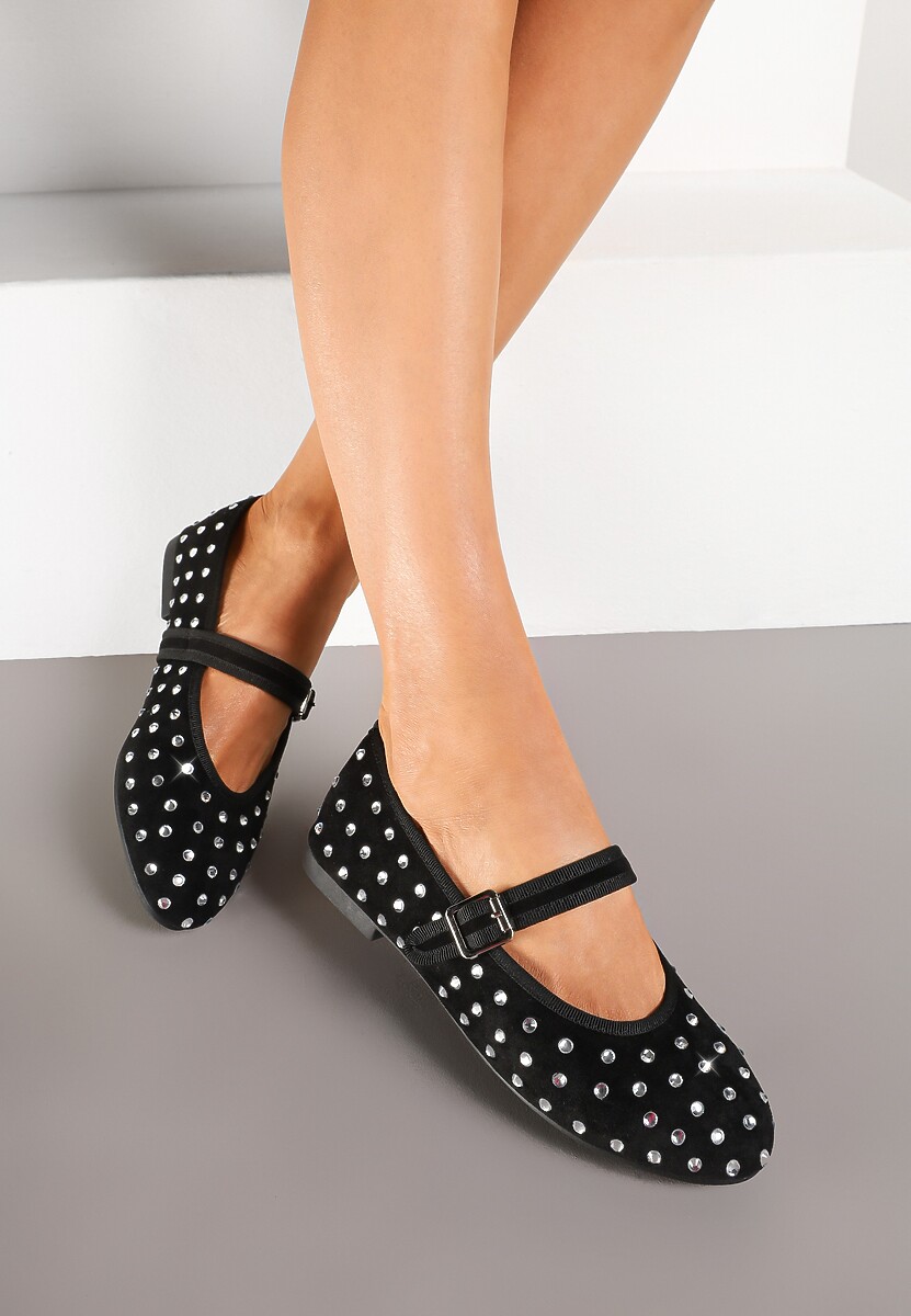 Czarne Balerinki z Ekozamszu z Zapięciem na Klamerkę Ozdobione Cyrkoniami Daisanna