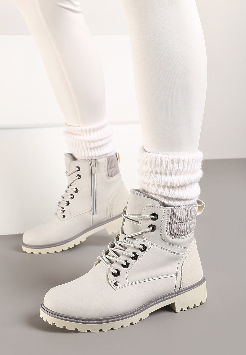 Szare Sznurowane Casualowe Traperki na Płaskiej Podeszwie Relobia