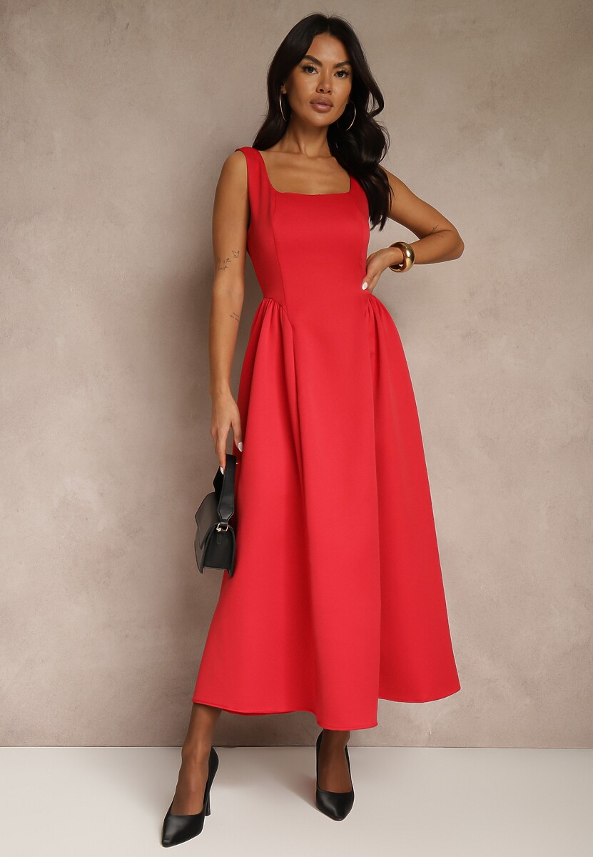 Czerwona Sukienka o Rozkloszowanym Kroju na Szerokich Ramiączkach Retelina