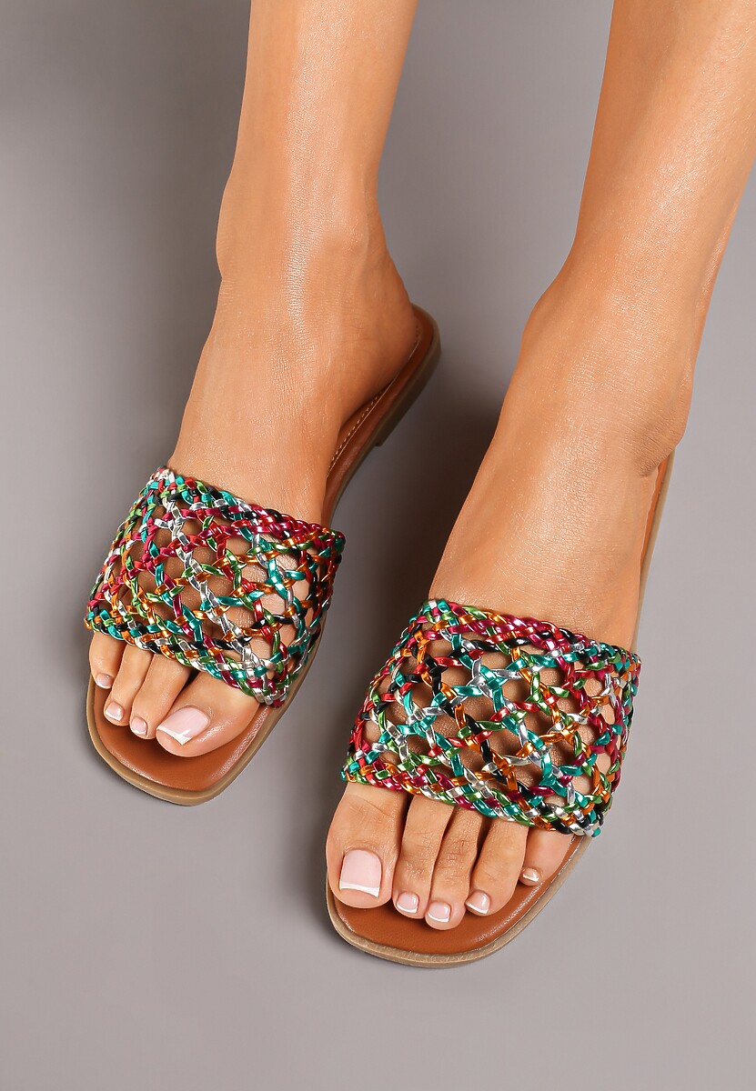 Niebiesko-Różowe Casualowe Klapki na Płaskiej Podeszwie z Ażurowym Paskiem Ellnara