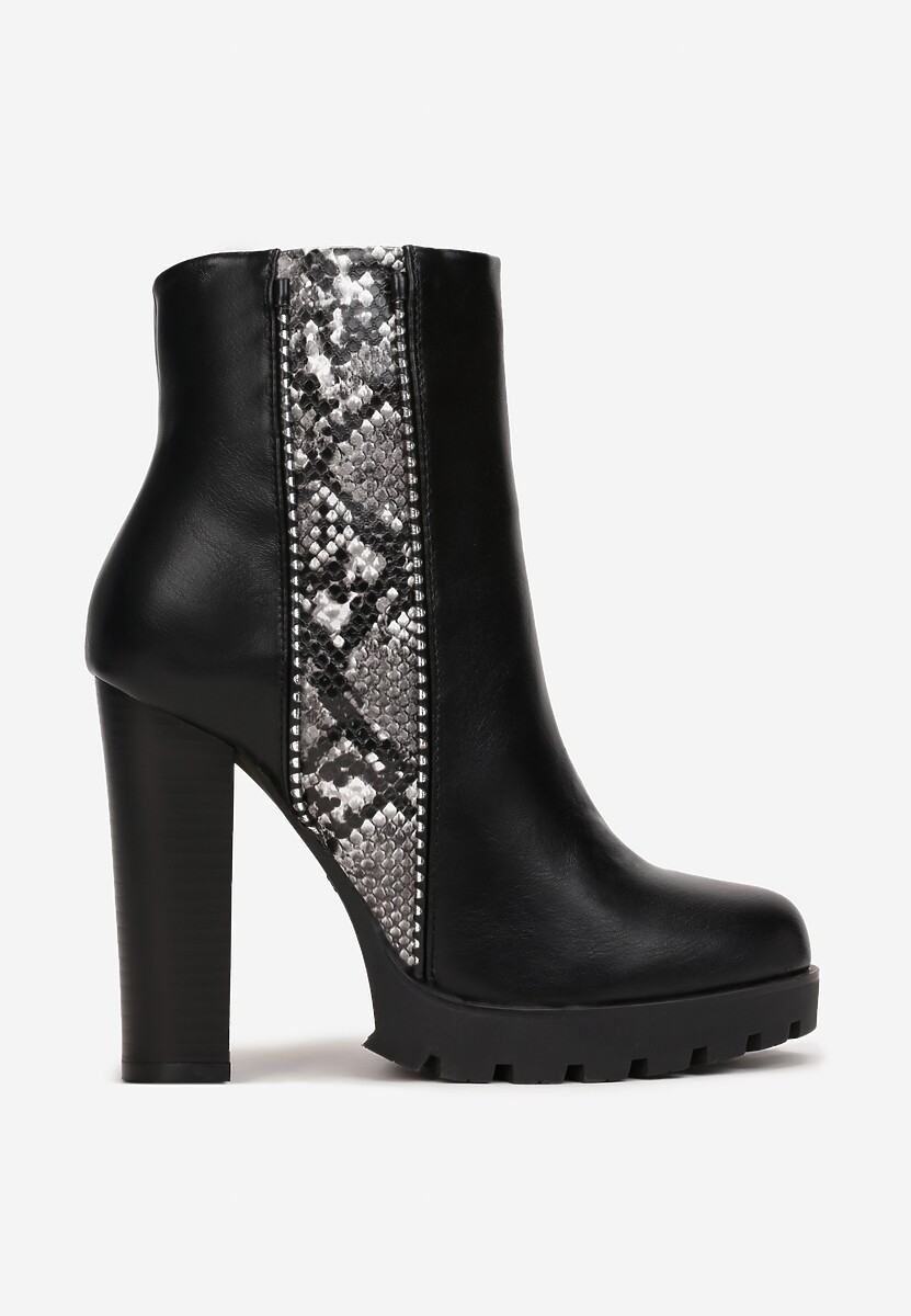 Czarne Botki na Słupku z Wężowym Paskiem Vela