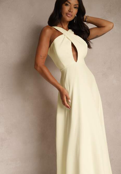 Żółta Koktajlowa Sukienka z Wiskozą i Dekoltem Halter Dolmanna