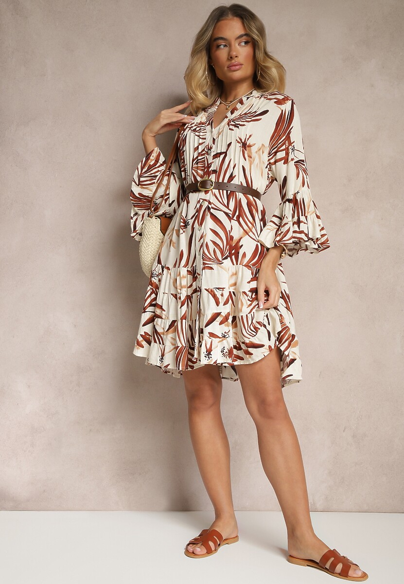 Brązowa Rozkloszowana Sukienka z Wiskozy z Falbanami z Motywem Roślinnym Ridivaria