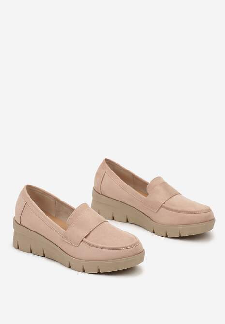 Jasnobeżowe Półbuty Mokasyny na Koturnie z Wkładką ze Skóry Naturalnej Ozdobione Paskiem Zorvia