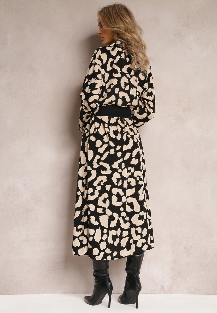 Czarna Sukienka Koszulowa w Cętki z Paskiem Canahy