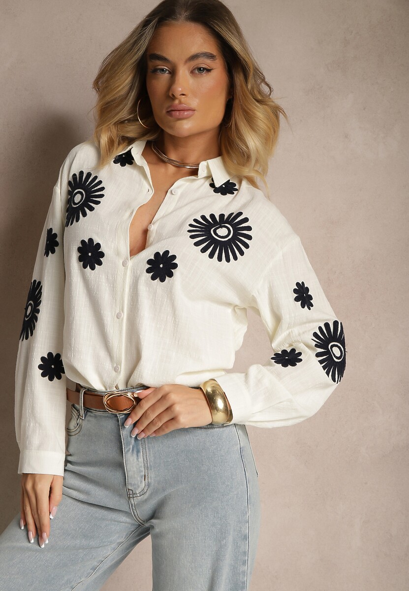 Beżowa Koszula z Bawełny Ozdobiona Haftem Erisienna