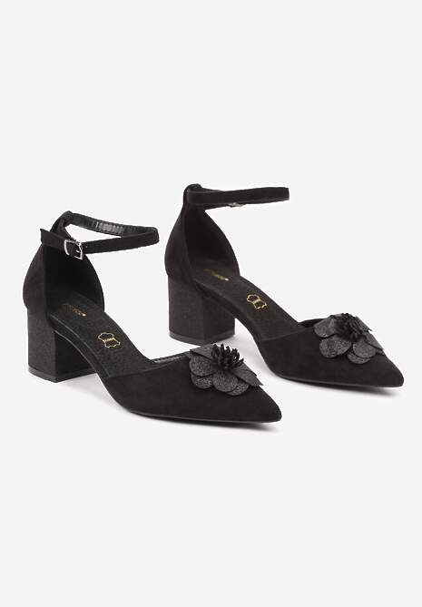 Czarne Czółenka na Słupku Vices ze Skórzaną Wkładką i Kwiatową Aplikacją z Brokatem Leandriel