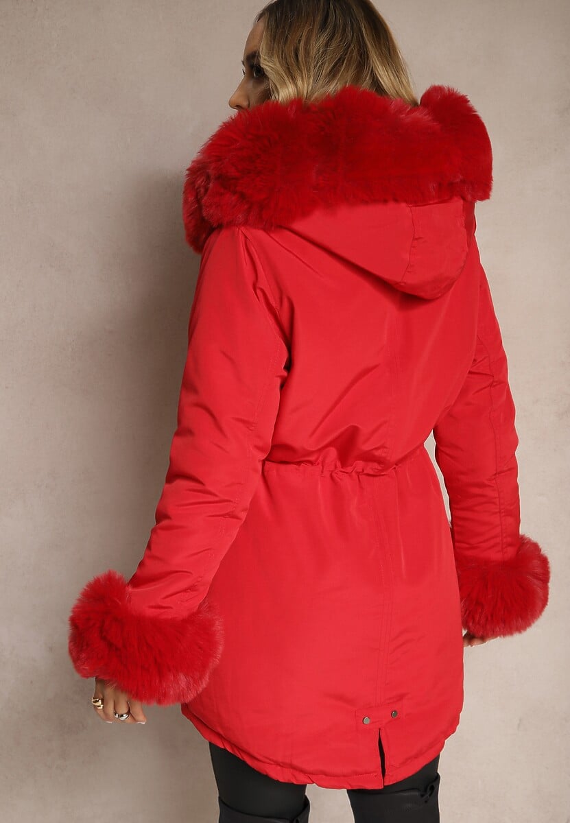 Czerwona Kurtka Parka z Futerkiem i Szerokim Kapturem Florion