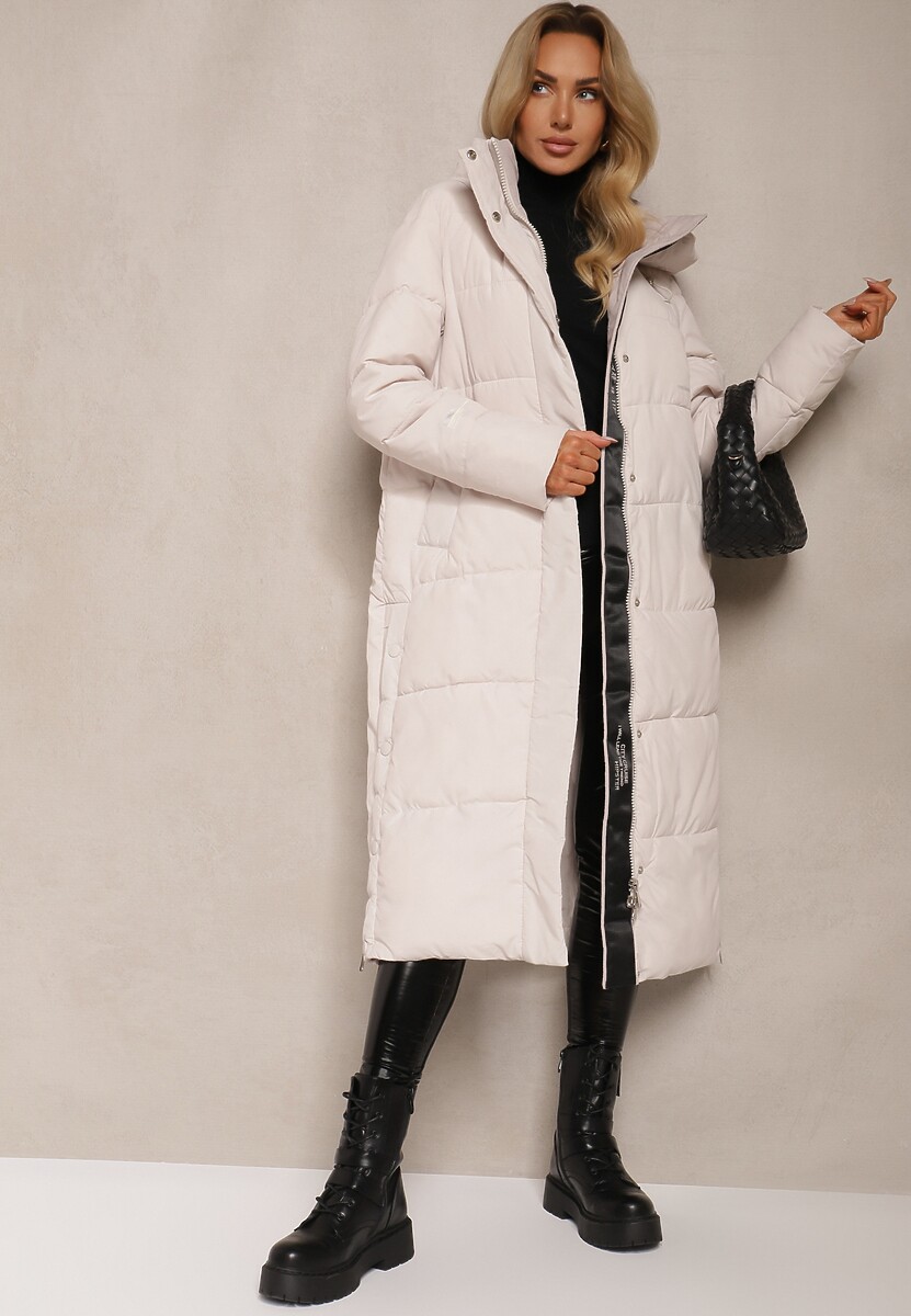 Jasnobeżowa Pudełkowa Kurtka z Pikowanego Materiału z Dwustronnym Suwakiem i Rozporkami Daisena