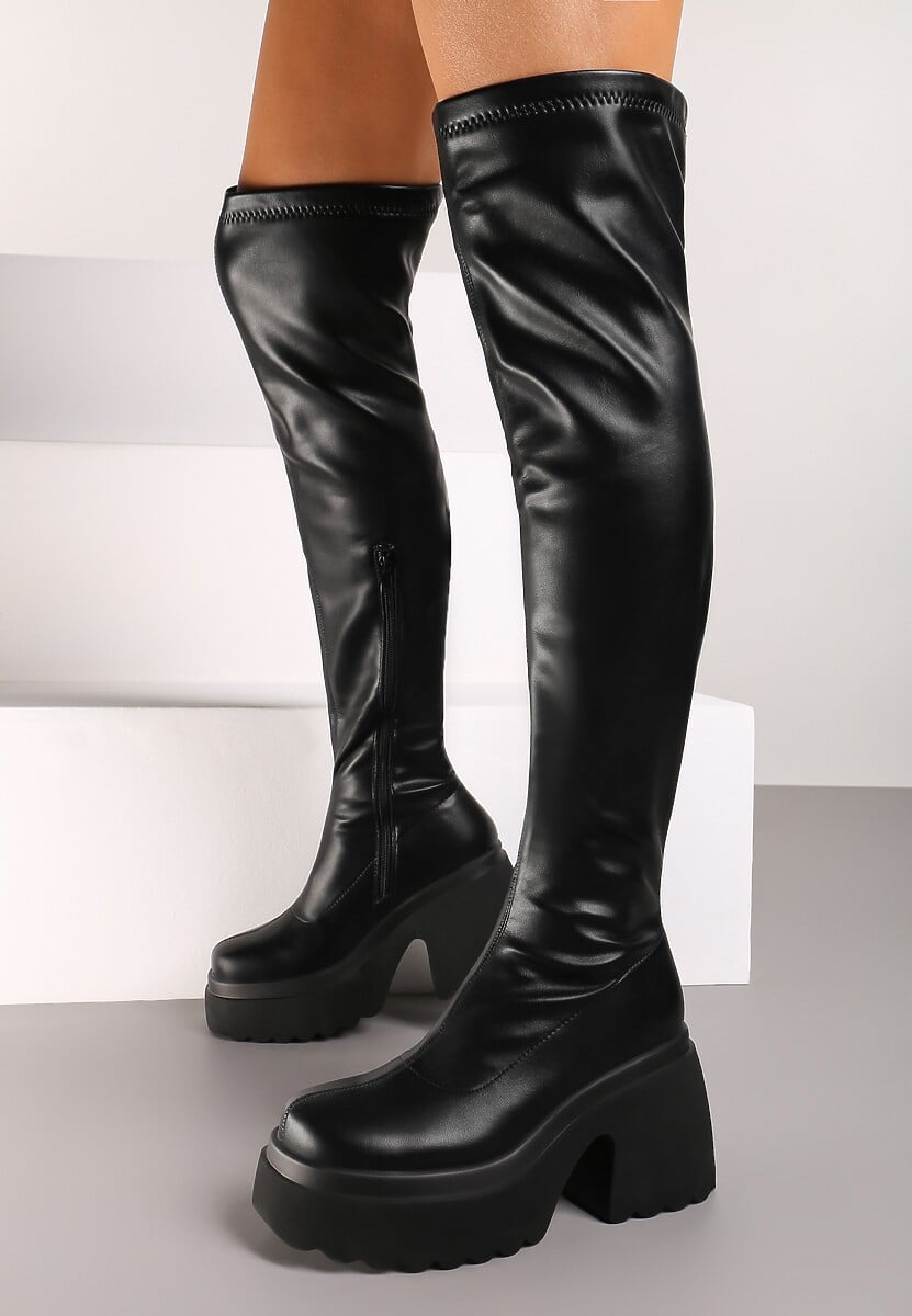 Czarne Kozaki na Platformie i Słupku z Dopasowaną Cholewką za Kolano Geniefra