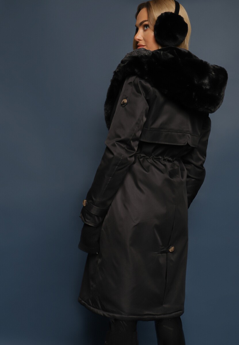 Czarna Długa Kurtka Parka Nylonowa Płaszcz z Futrzanymi Wstawkami Rinale