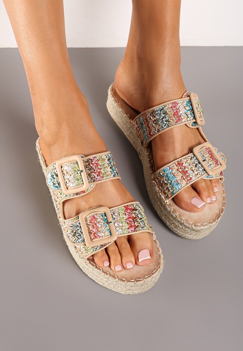 Beżowo-Różowe Płaskie Klapki Ozdobione Plecionką z Regulowanymi Paskami i Sprzączkami Yannia