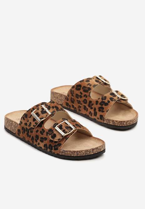 Panterkowe Klapki na Podeszwie z Imitacji Korka Zdobione Sprzączkami Virlevia