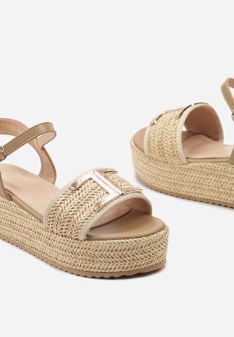 Ciemnobeżowe Sandały na Platformie Ozdobione Plecionką Jutową i Klamerką Nehelenia
