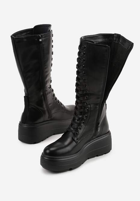 Czarne Kozaki Grunge na Platformie ze Sznurowaną Cholewką Ilomare