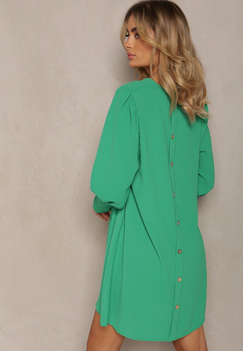 Zielona Pudełkowa Sukienka z Rozkloszowanym Dołem i Bufiastymi Rękawami Kaimana