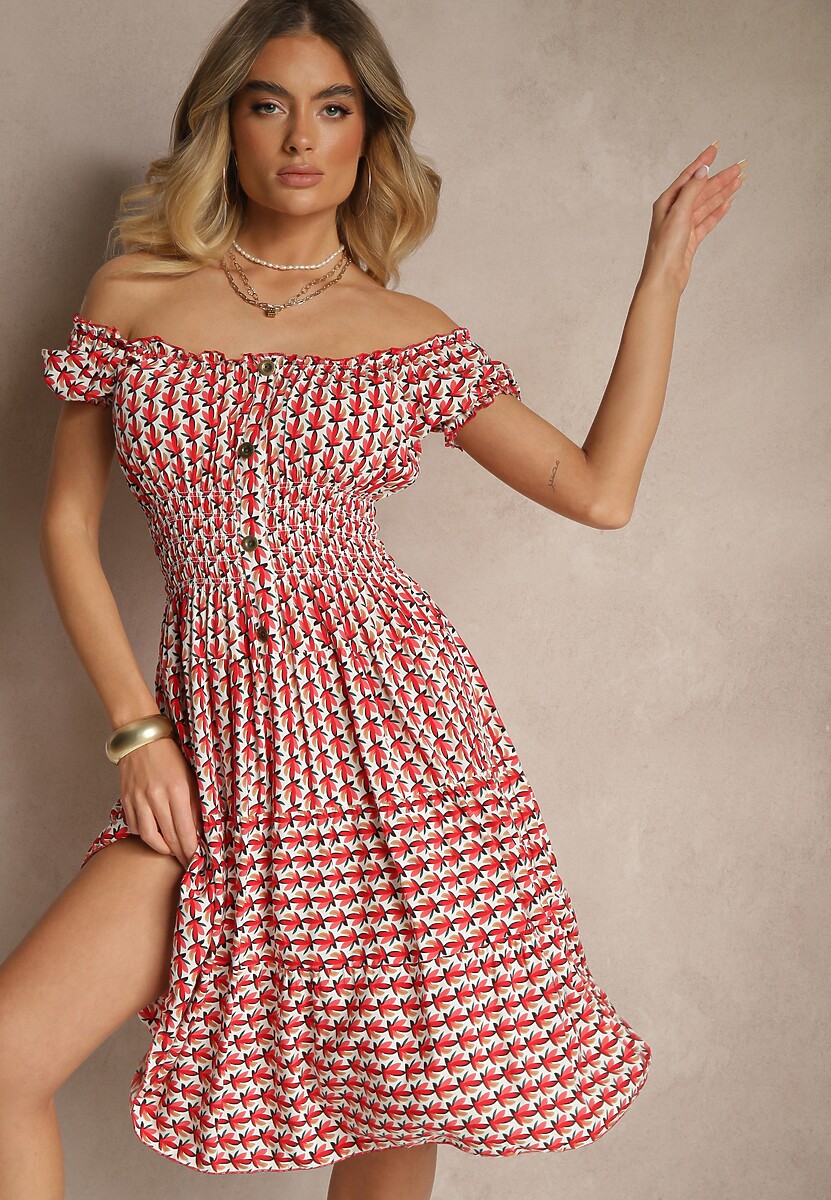 Czerwona Bawełniana Sukienka z Bufiastymi Rękawami i Guzikami Ronimera