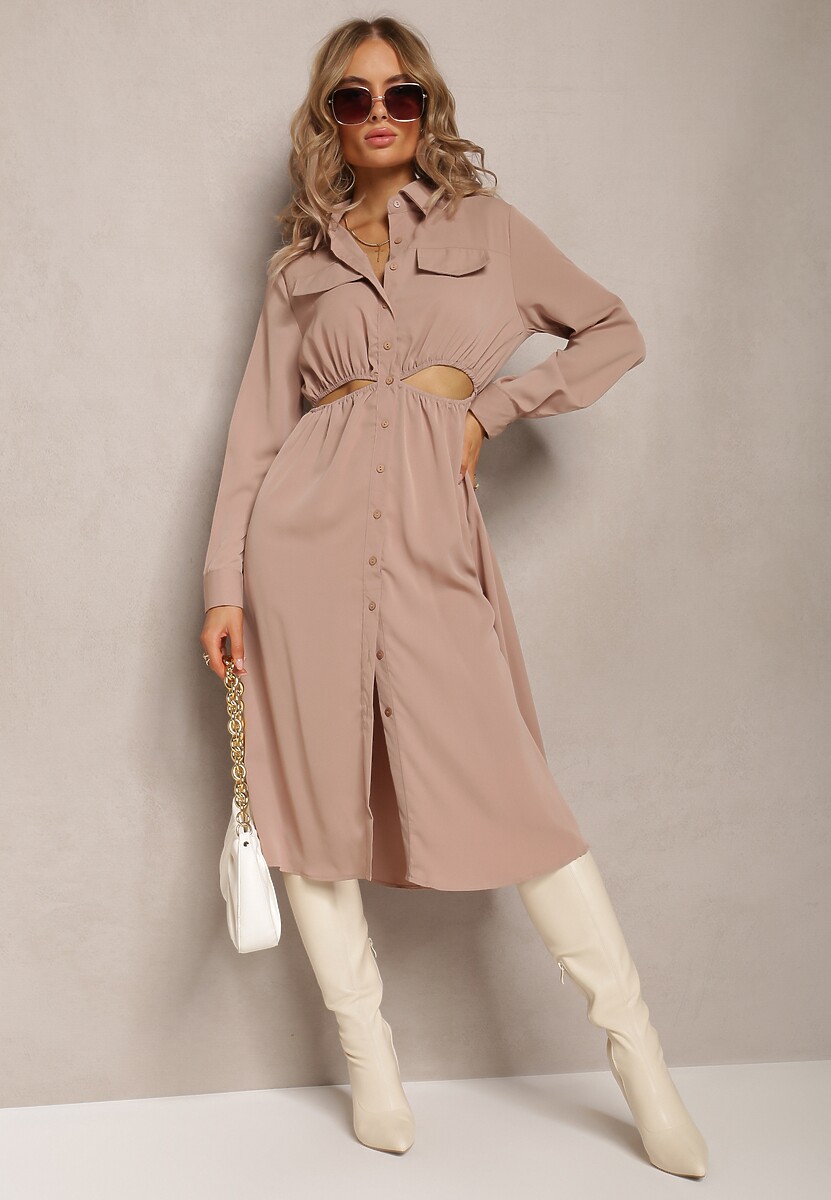 Beżowa Sukienka Koszulowa Pumpa