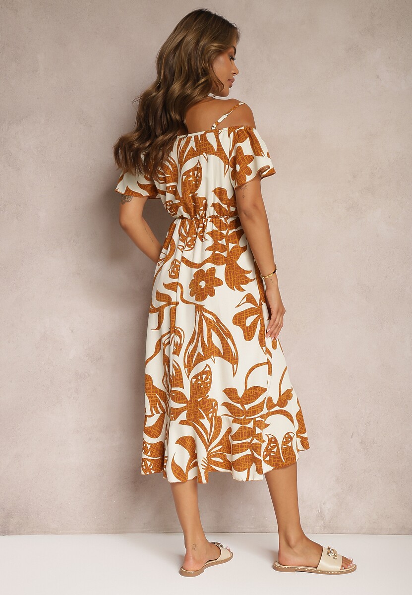 Brązowa Sukienka na Ramiączkach z Hiszpańskim Dekoltem i Gumką w Talii Nellondra