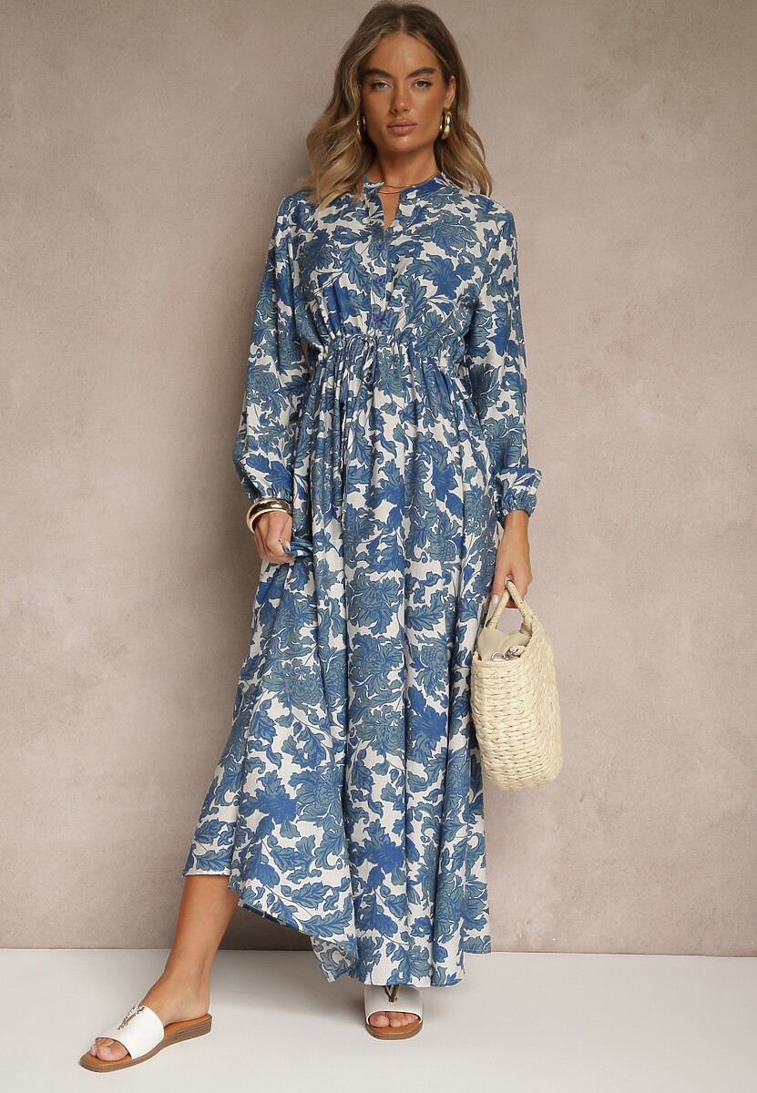 Niebieska Kwiecista Sukienka z Wiskozą o Rozkloszowanym Kroju Filennea