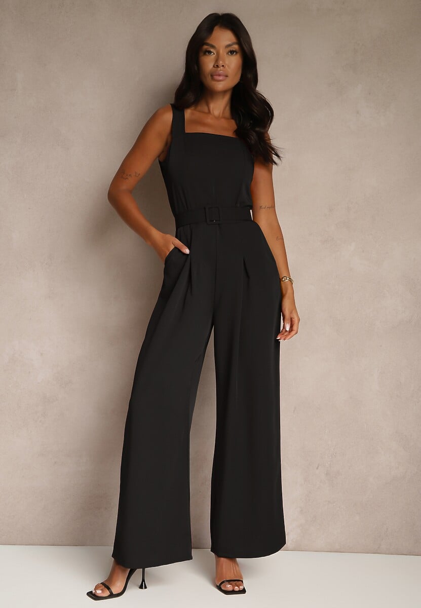 Granatowy Elegancki Kombinezon Ozdobiony Paskiem z Klamrą Dolanela