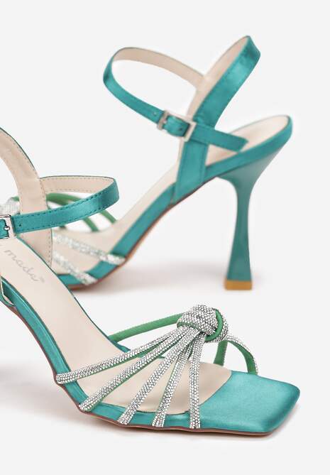 Zielone Sandały z Cyrkoniami i Supełkiem na Ozdobnej Szpilce Zamme
