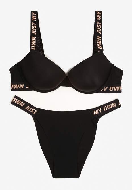 Czarny Komplet Ozdobiony Napisami z Biustonoszem z Efektem Push-Up i Majtkami Bralicia