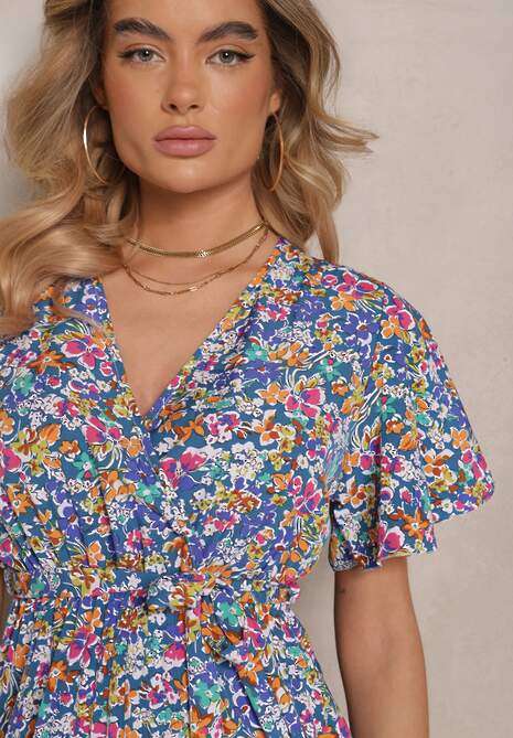 Niebieska Sukienka z Plisami w Kwiecisty Print o Rozkloszowanym Kroju Lanelin