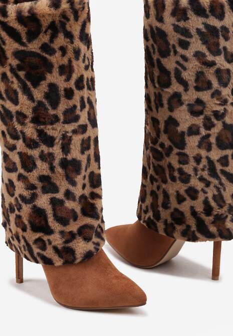 Brązowe Kozaki na Szpilce Ozdobione Futerkiem i Wywiniętą Cholewką w Panterkę Riavira