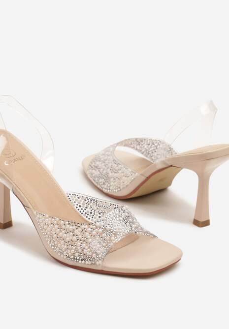 Beżowe Sandały na Szpilce z Transparentną Cholewką Zdobioną Cyrkoniami Atelisea