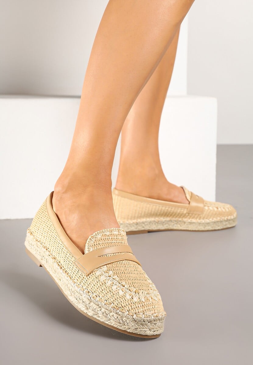 Ciemnobeżowe Espadryle z Haftem na Podeszwie z Plecionki Taslexia