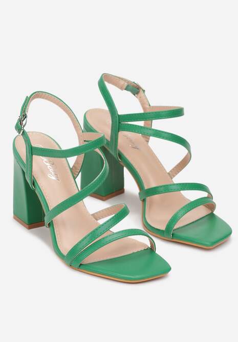 Zielone Sandały na Słupkowym Obcasie ze Sprzączką i Kwadratowym Noskiem Lejla