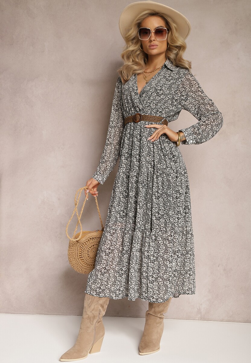 Biało-Czarna Sukienka Rozkloszowana w Kwiaty z Paskiem Rakhila