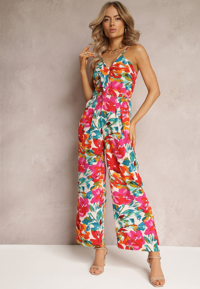 Czerwony Kombinezon z Wiązaniem przy Dekolcie w Kwiaty Aikana