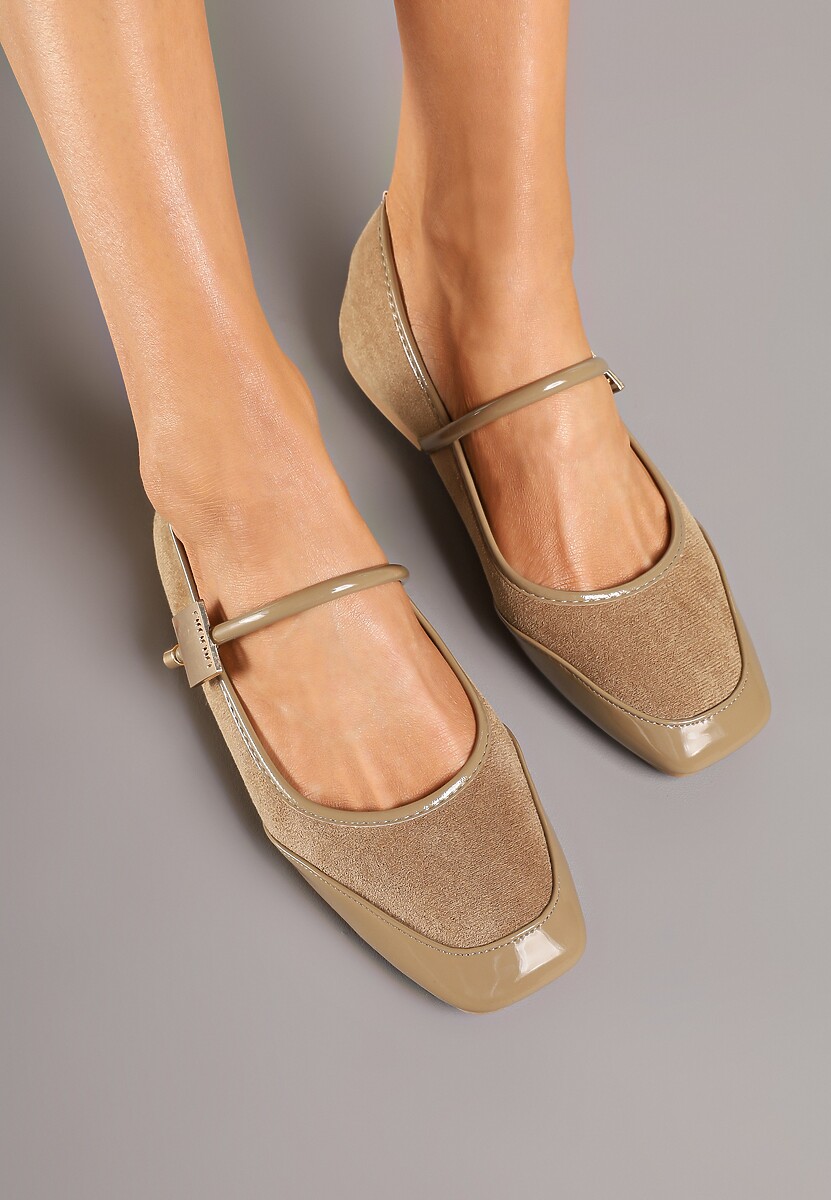 Ciemnobeżowe Balerinki z Lakierowaną Wstawką i Ozdobną Sprzączką Neorwen
