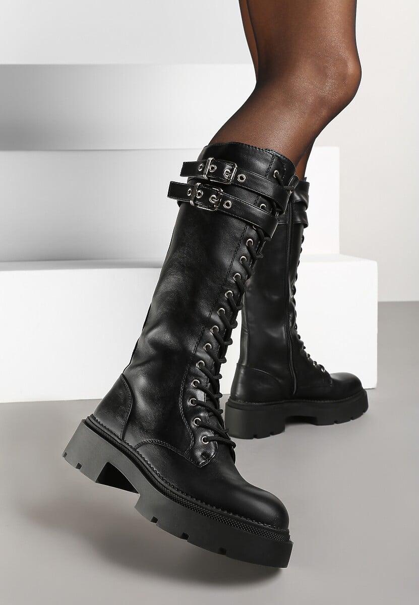 Czarne Sznurowane Kozaki na Platformie w Stylu Workerów z Paskami i Klamrami Asintoria