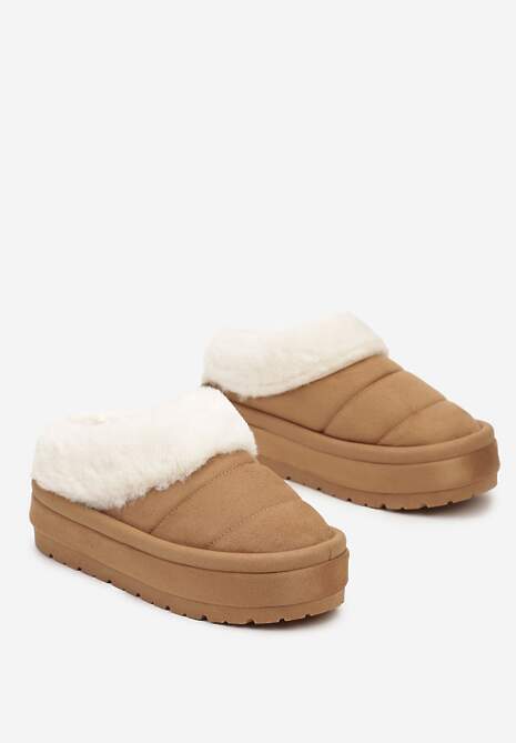 Jasnobrązowe Wsuwane Śniegowce na Platformie Ozdobione Futerkiem Sinthiana