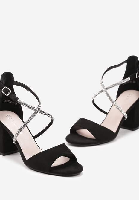 Czarne Sandały na Słupku z Cyrkoniami i Skórzaną Wkładką Dakilare