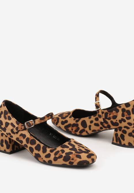 Brązowe Czółenka w Panterkę na Niskim Słupku w Stylu Mary Jane Eriola