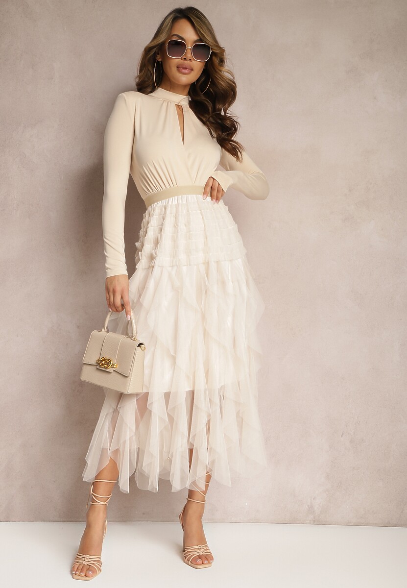 Jasnobeżowa Asymetryczna Spódnica z Tiulowej Siateczki Vlekia