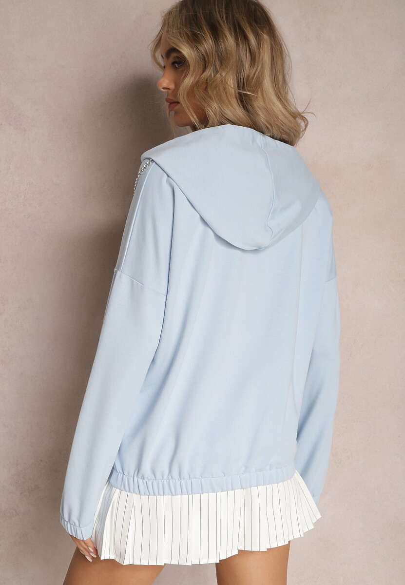 Niebieska Asymetryczna Bluza z Bawełny z Kapturem i Ozdobnym Suwakiem Lueur